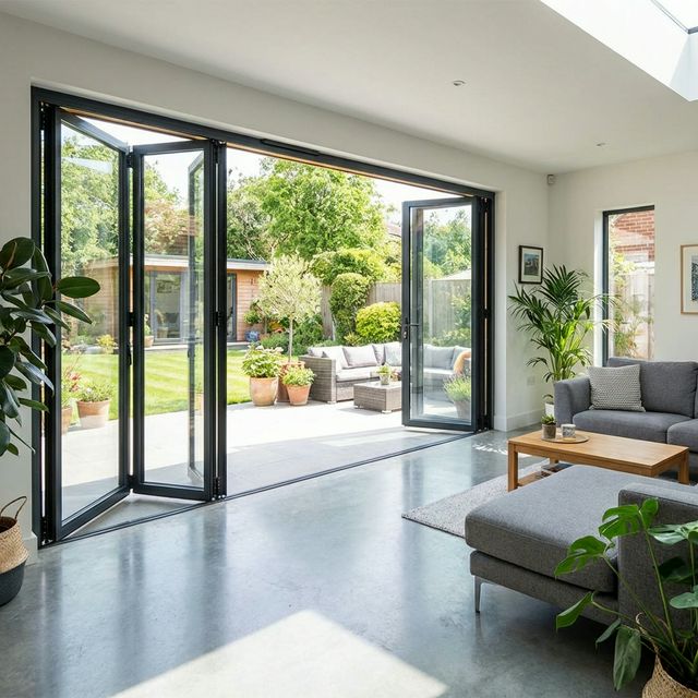 Bi-fold glass doors opening to a patio