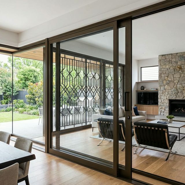 Sliding door with built-in safety grill